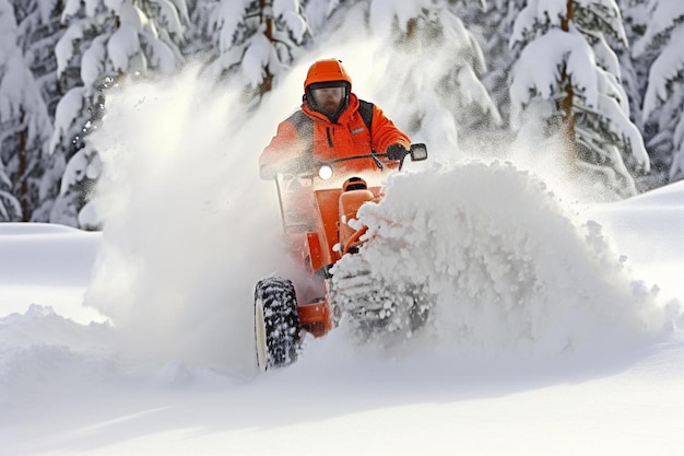 een sneeuwscooter wordt door een sneeuwbos gereden.