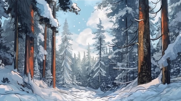Een sneeuwstorm in een dennenbos Fantasy concept Illustratie schilderij