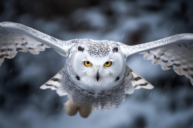 Een sneeuwuil met gele ogen vliegt in de lucht.