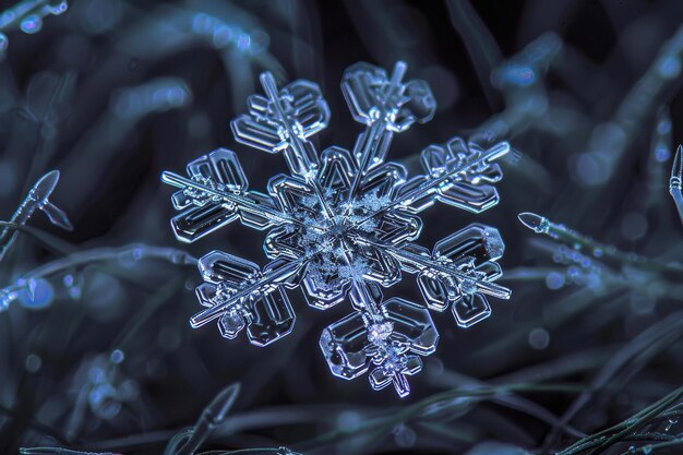 Foto een sneeuwvlokje wordt weergegeven in een wazig beeld met een blauwe achtergrond