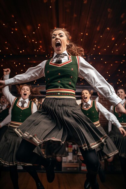 Foto een snelle opname van ierse dansers midden in de voorstelling.