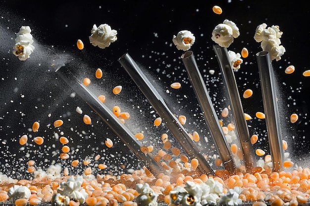 Een snelle opname van kernen die explosief in popcorn worden geslagen.