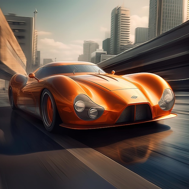 Een snelle oranje auto in de stad