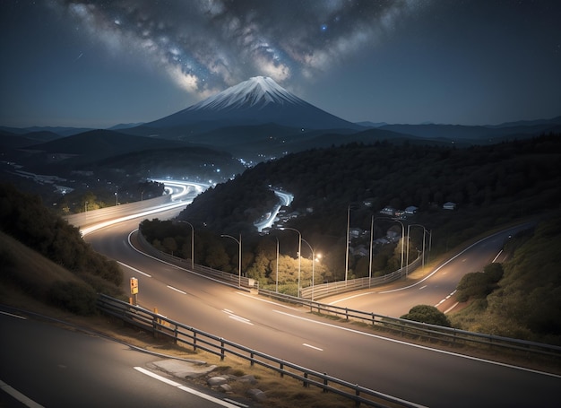 een snelweg met een berg in de achtergrond's nachts met een lichtpad er doorheen en een berg