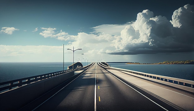 Een snelweg met een bewolkte lucht en een brug op de achtergrond
