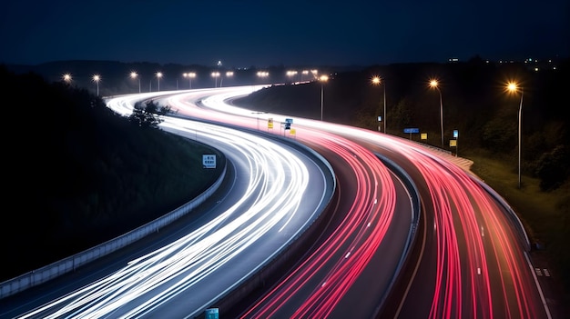 Een snelweg met lichten aan en een bord met 'weg naar rechts'