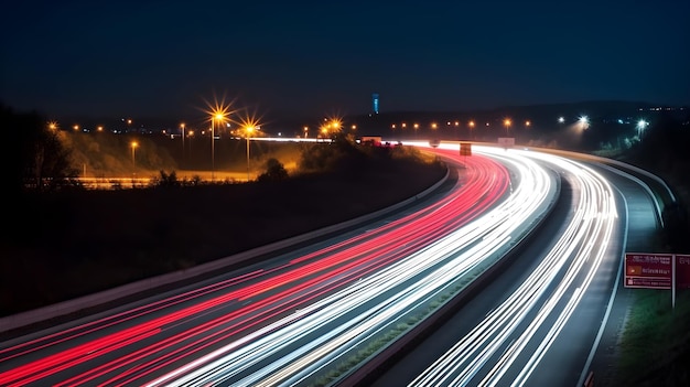 Een snelweg met lichten aan en een bord met 'weg naar rechts'