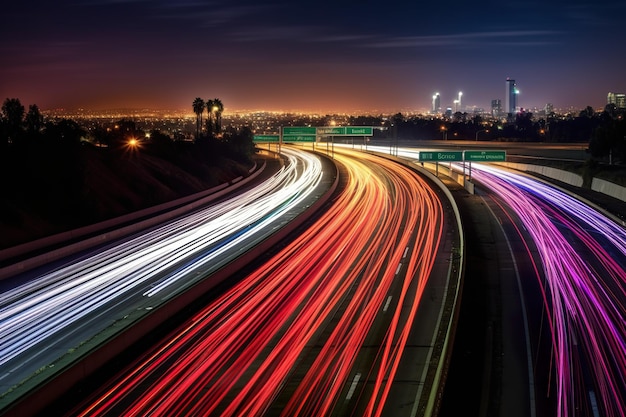 Een snelweg waarop 's nachts veel auto's rijden Generatief AI-beeld