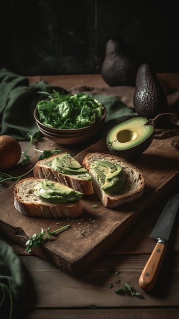 Een snijplank met avocado en een bakje sla.