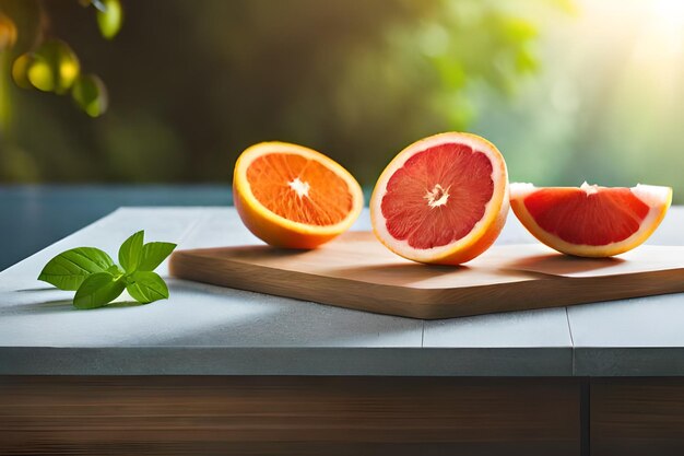 Een snijplank met daarop een pompelmoes en een paar gesneden sinaasappels.