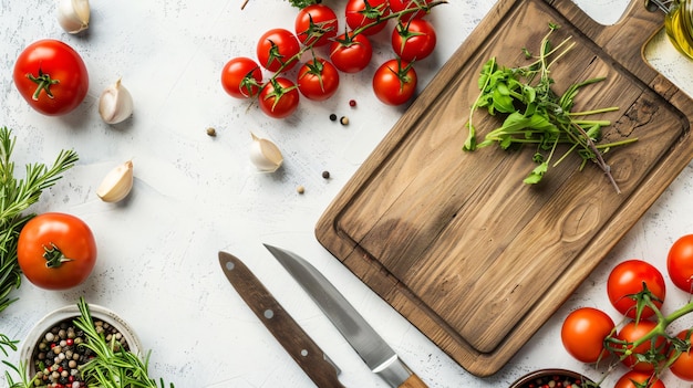 een snijplank met tomaten en groenten erop
