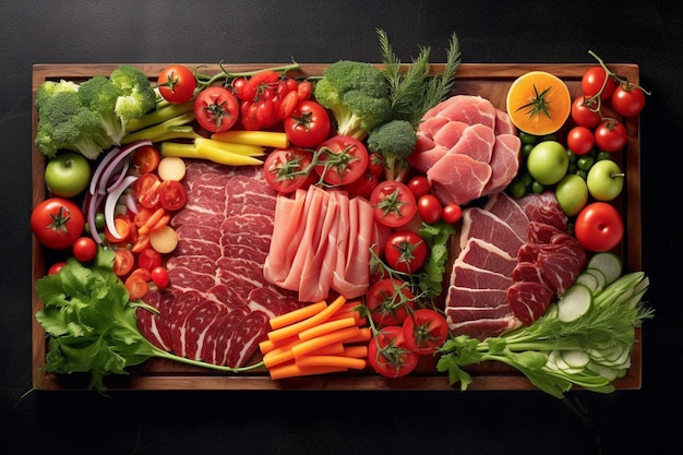Een snijplank met vlees en groenten erop