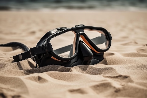 Een snorkelmasker dat in het zand op een strand ligt