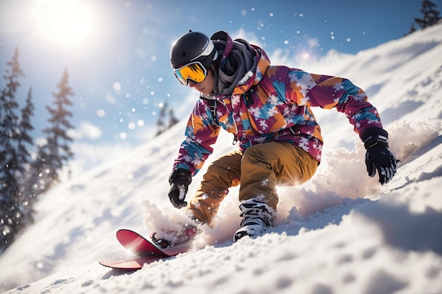 Een snowboarder die in de winter een besneeuwde helling afrijdt, ai generatief