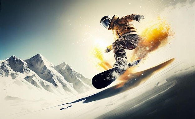 Een snowboarder gaat een berg af met de woorden snowboarden erop.