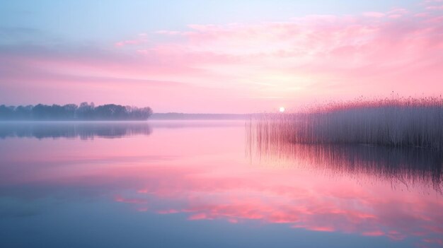 Een softfocus beeld van een pastel zonsopgang over een rustig meer