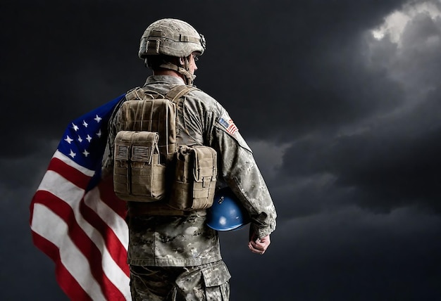 Foto een soldaat die een militair uniform draagt met een vlag op zijn rug