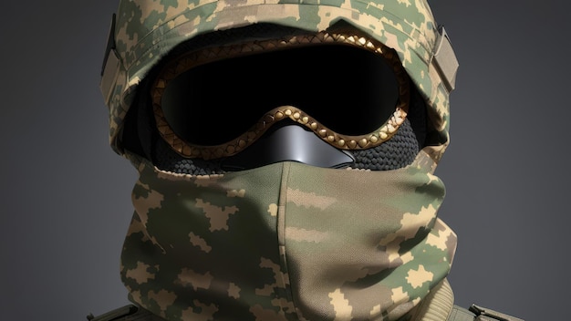 Een soldaat draagt een camouflagemasker en een veiligheidsbril.