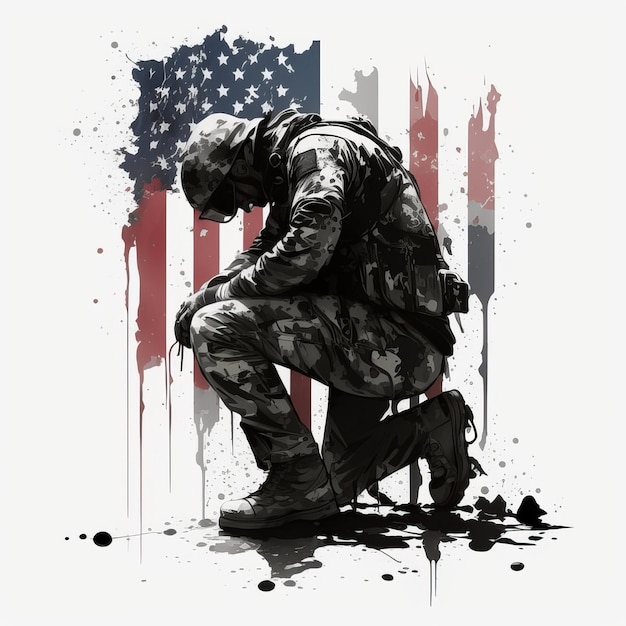 Een soldaat geknield voor een Amerikaanse vlag.