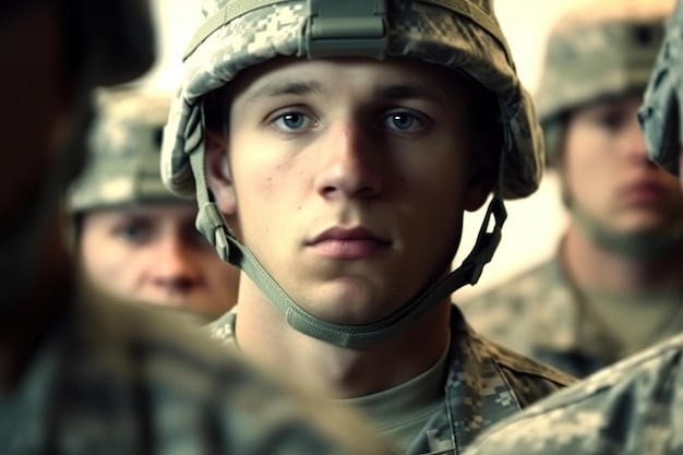 Een soldaat in militair uniform kijkt naar de camera.