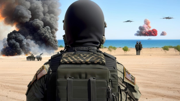 Een soldaat in militair uniform staat op een strand met rook op de achtergrond.