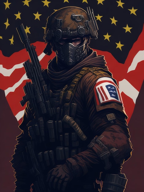 Een soldaat met de Amerikaanse vlag op zijn borst