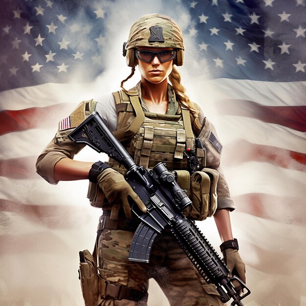 Foto een soldaat met een amerikaanse vlag ultra gedetailleerd t-shirt ontwerp grafisch ontwerp
