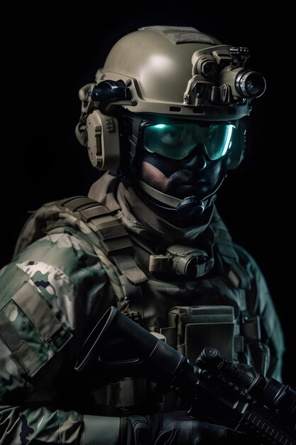 Een soldaat met een camouflagehelm en een veiligheidsbril staat in het donker.