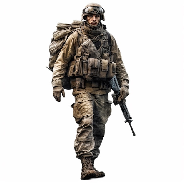 Een soldaat met een geweer en een rugzak loopt.