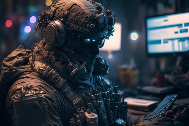 Een soldaat met een helm en een computerscherm