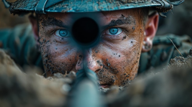 Een soldaat met een machinegeweer in een loopgraaf in een gevechtpositie tijdens een gevechtsmissie