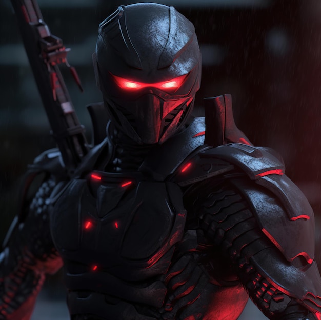 Een soldaat met rode lichten op zijn gezicht en een pistool op de achtergrond.