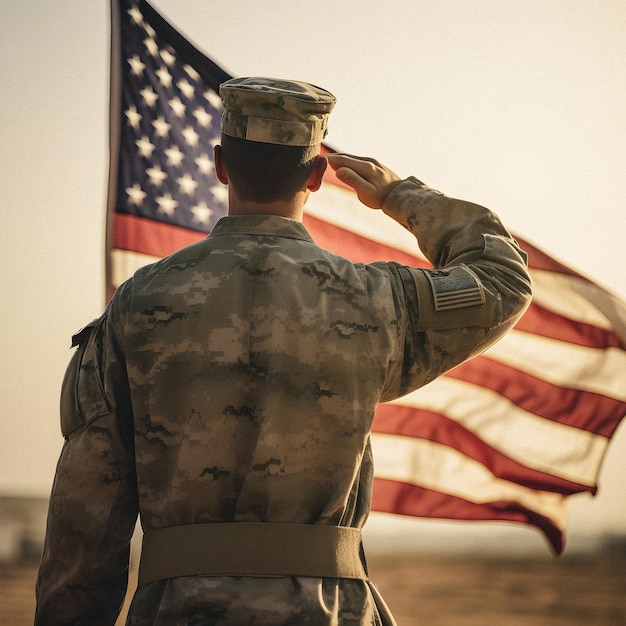 Een soldaat salueert voor een vlag