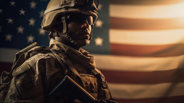 Een soldaat staat voor een Amerikaanse vlag