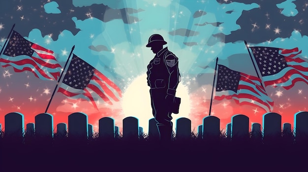 Een soldaat staat voor een begraafplaats met Amerikaanse vlaggen op de achtergrond.