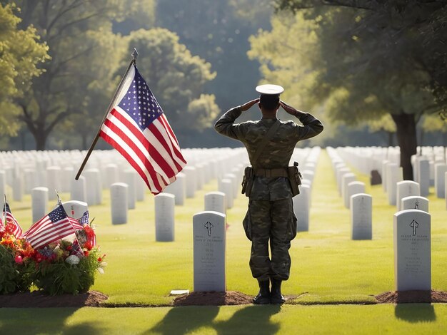 een soldaat staat voor een graf met een vlag op de achtergrond