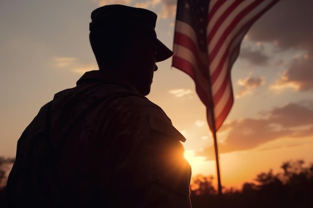 Een soldaat staat voor een vlag met daarop de verenigde staten van amerika.