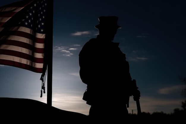 Een soldaat staat voor een vlag met daarop de verenigde staten van amerika.