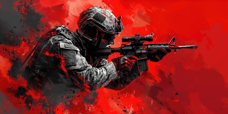 Foto een soldaat uit het spel call of duty die een sluipschuttergeweer draagt in een vurige omgeving rode zwarte en witte kleuren vectoriseerd ar 21 stijl rauw stylize 250 job id 28412ad749e342389b7645a43b168c51
