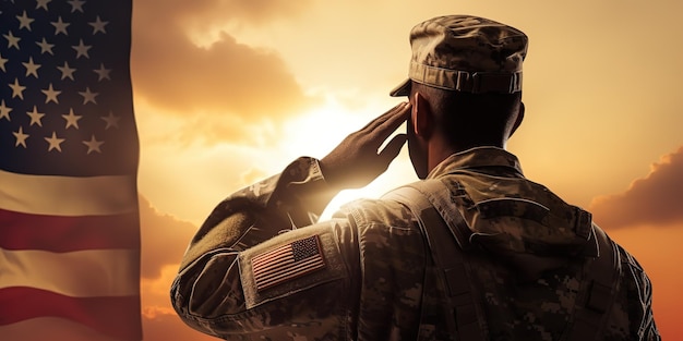 Een soldaat van het Amerikaanse leger groet tegen de achtergrond van een zonsondergang of zonsopgang en de Amerikaanse vlag