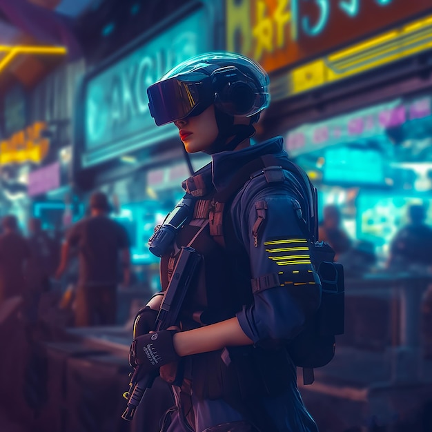 Een soldaat voor een neonwinkel waar 'cyberpunk' op staat
