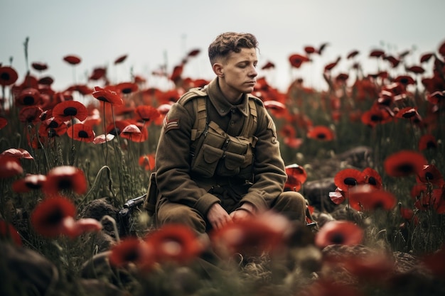 Een soldaat zit in een veld van papaver en herinnert zich degenen die hun leven verloren voor de vrede tijdens de oorlog.