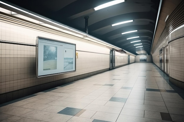 Een somber en sfeervol metrostation met een eenzaam tv-scherm of een bordmodel aan de muur