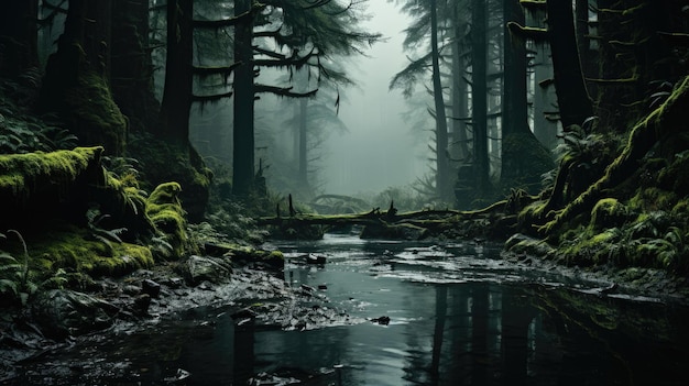 Een somber natuurbeeld een donkere rivier wordt omringd door een akelig naaldbos in de hooglanden kun je gemakkelijk gedesoriënteerd raken het schaduwbos is diep bewolkt bergdal bedekt met sneeuw