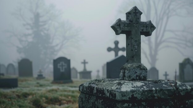 Een sombere begraafplaats die door zware mist wordt verduisterd, herinnert ons aan het verdriet en het verdriet dat ons kan vergezellen