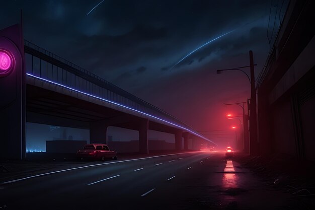 Een sombere dystopische snelweg met verlaten auto's en brandende karmozijnrode lucht Generatieve AI