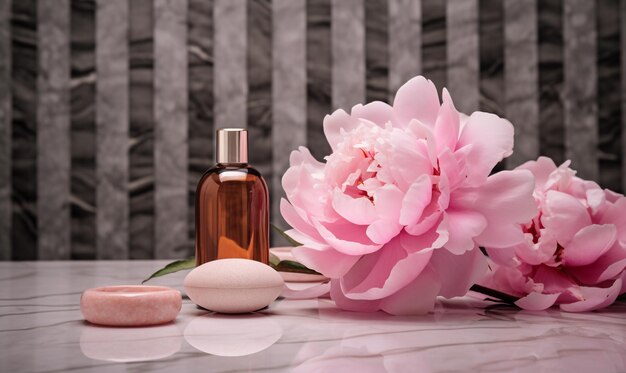 een spa olie spul met roze bloem achtergrond