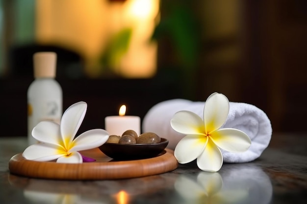 Een spa-tafel met bloemen en een fles witte vloeistof