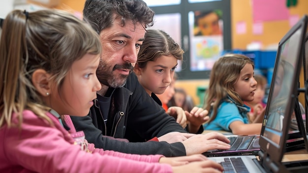 Een Spaanse man leert kinderen hoe ze een laptop moeten gebruiken in computerlessen