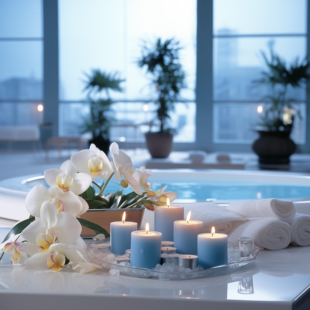 Een spalike setting met een witte orchidee bloem aangestoken kaarsen en een handdoek op een tafel